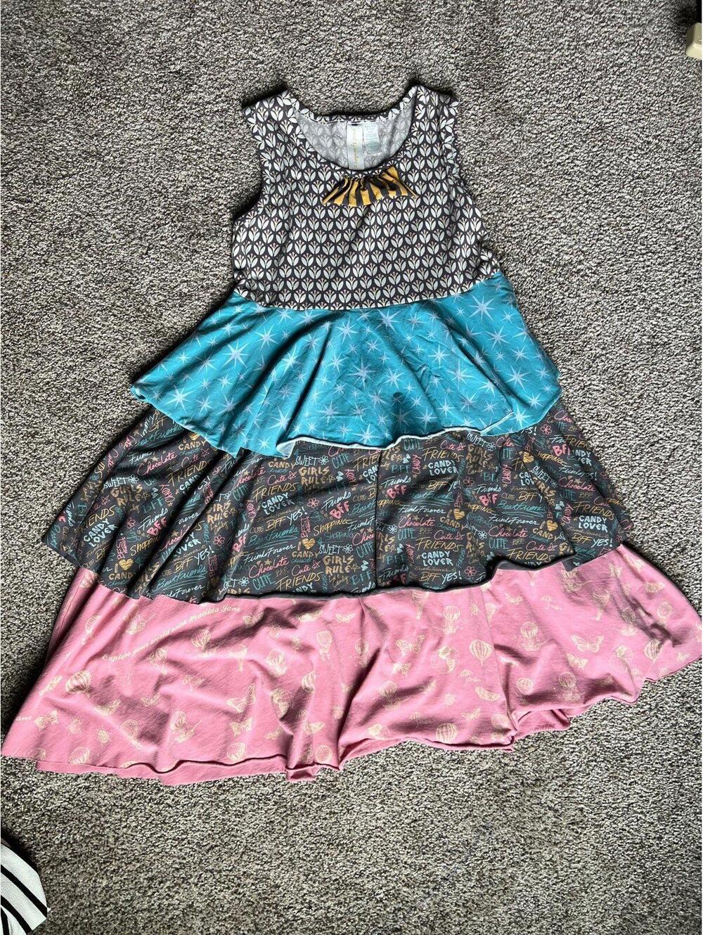 Girls Multi-Layered Patterned Dress with Star and Text Prints